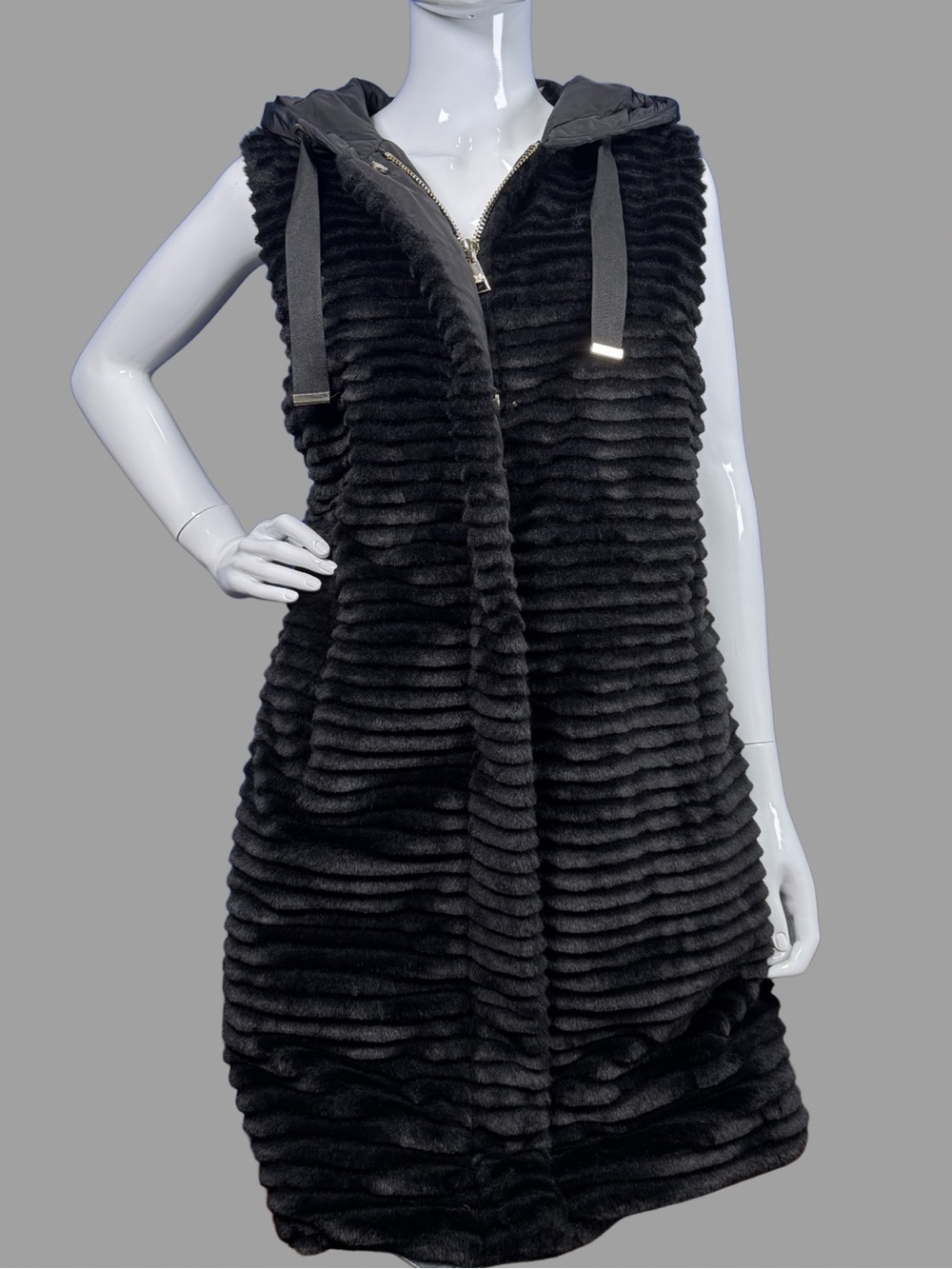 Karl Lagerfeld Paris Black Ribbed Faux Fur Vest with Hood